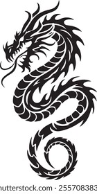 This black-and-white tribal-style illustration showcases a coiled dragon with stunning intricate details. The dragon features sharp, jagged scales along its body, a segmented underbelly, and dramatic,