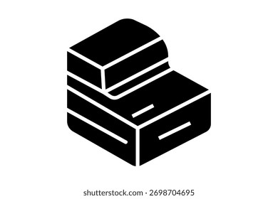 Se trata de un logotipo bidimensional en blanco y negro con una representación geométrica estilizada de un archivador o escritorio.