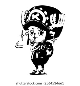 This black-and-white vector illustration features a chibi-style character with exaggerated cheeks, puffed up in an angry or frustrated expression.