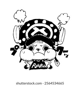 This black-and-white vector illustration features a chibi-style character with exaggerated cheeks, puffed up in an angry or frustrated expression.