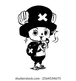 This black-and-white vector illustration features a chibi-style character with exaggerated cheeks, puffed up in an angry or frustrated expression.