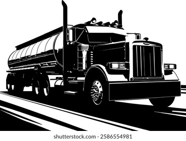 This black-and-white vector illustration features a powerful tanker truck in motion, symbolizing strength, reliability, and industrial transportation. The high-contrast design highlights its bold stru