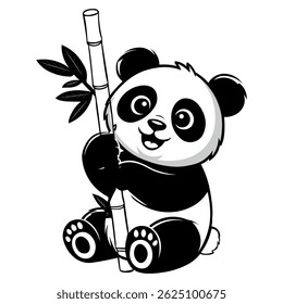 This is a black-and-white vector-style illustration of a cute panda bear.