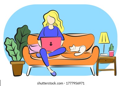 This blonde works remotely on the Internet. The girl works from home sitting on the couch. Retro illustration in comic style with a girl on a sofa, cactus, ficus and a lamp.