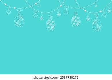 This blue backdrop features intricate white drawings of Easter eggs hanging from a delicate garland, perfect for celebrating the spring festival. Ideal for creative projects. Copy space. Sale banner