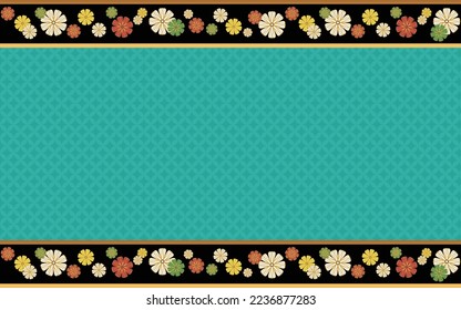 This is a blue background with a black floral strip and flowers