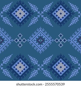 This is a blue geometric pattern featuring diamond shapes and decorative motifs in various shades of blue and white.