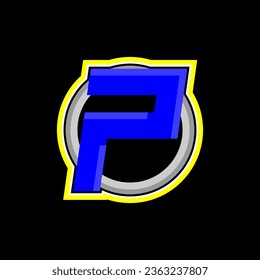 This is a blue letter P gaming logo with a black round background, and gray, white and yellow gradations, suitable for gaming logos with the initial letter P, gaming shops, children's toy shops, child