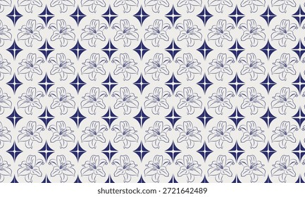 This blue lily outline pattern features fine lines that give an elegant impression. The lily is placed inside a triangular frame, creating a contrast between the natural shape of the flower and the geometry of the frame.
