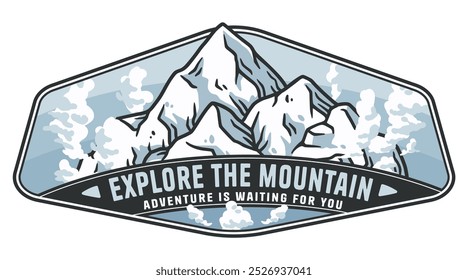 This blue and white emblem shows snowy mountain peaks rising above the clouds, inviting you to explore the great outdoors