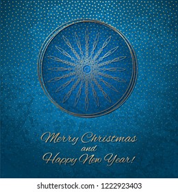 This is a blue-gold background with a Christmas ball and snowflake. Beautiful greeting card for Christmas and New Year design.