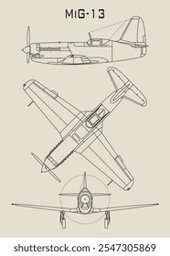 Este plano muestra un dibujo de línea detallado de un avión de combate MIG-13. La Imagen presenta tres vistas diferentes de la aeronave: una vista lateral, una vista superior y una vista trasera.