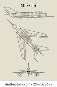 Este projeto mostra um desenho técnico detalhado do caça a jato MIG-19. A imagem apresenta três vistas da aeronave: um perfil lateral, uma perspectiva de cima para baixo e uma vista traseira.