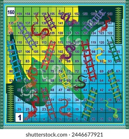 Este es un juego de mesa de serpientes y escaleras - 160 pasos - sobre un fondo azul. Editable y listo para imprimir.