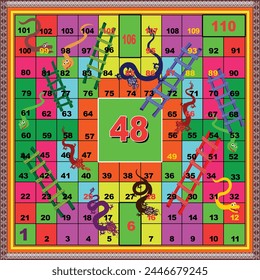 
This is a board game of snakes and ladders - 110 steps - with a red green background. Editable and Ready to print.