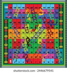 This is a board game of snakes and ladders - 150 steps - with a red and green background. Editable and Ready to print.