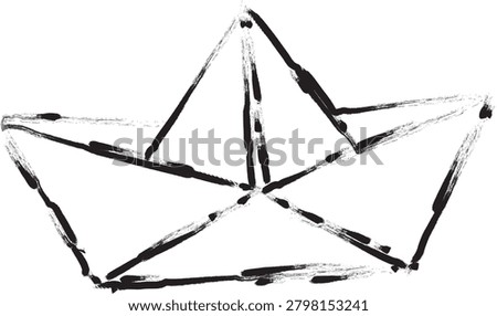 This boat origami design acts as cutout dark hand drawn rough ink marker vector graphic symbol for ship, travel, and paper.