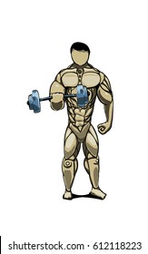 This bodybuilder is a professional athlete. He easily lifts the dumbbell with one hand. The weight of a dumbbell is fifty kilograms.