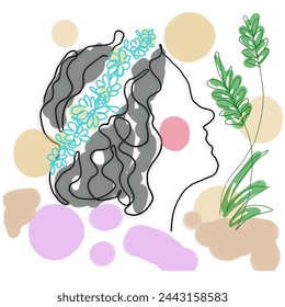This is a boho illustration. a woman's profile in a flower wreath. Drawing with elements of abstraction. One-line drawing.