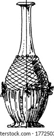 This boiling flask shape Modern Bottle is made out of glass. It has a round body, a long neck, and a flat bottom, vintage line drawing or engraving illustration.