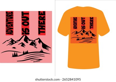 This bold and adventurous T-shirt design features the phrase "ADVENTURE IS OUT THERE" displayed vertically in a striking black font over red vertical panels. Beneath the text lies a rugged mountain ra