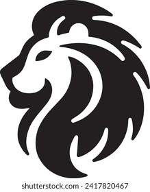 This bold black silhouette art captures the majestic profile of a lion, with its flowing mane and regal bearing distilled into a simple yet powerful graphic.