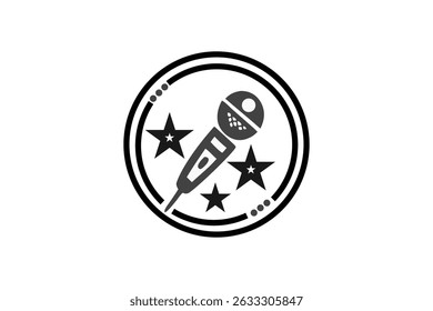 This bold black and white icon features a microphone surrounded by stars inside a circular badge, symbolizing music, singing, performance, and audio broadcasting. Ideal for use in music apps, podcast 