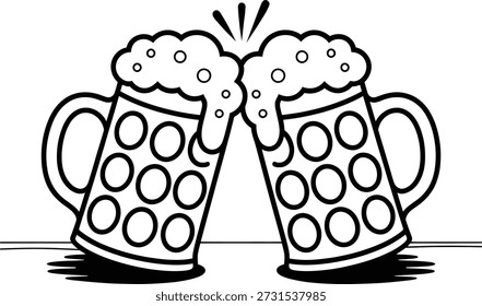 This bold black-and-white illustration features two frothy beer mugs clinking together with motion lines—perfect for party graphics, celebration icons, and social gathering-themed designs.
