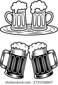 Esta imagem arrojada em preto-e-branco apresenta canecas de cerveja em uma bandeja e clinking em celebração - ideal para gráficos de festa, temas de reunião social, ícones de bebidas e marcas de bebidas festivas.