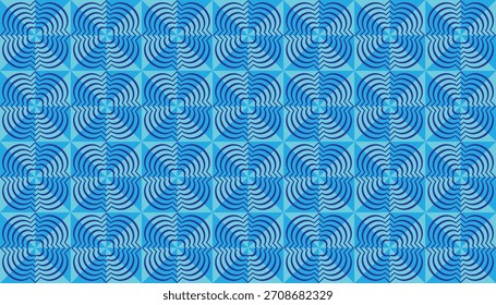 This bold blue spiral pattern showcases overlapping concentric curves arranged in a rhythmic grid layout. The optical-style design delivers an energetic and eye-catching effect