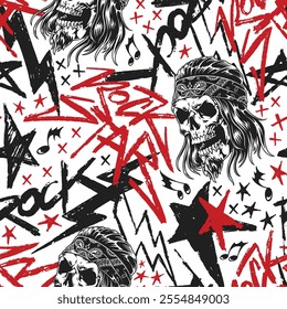 This bold design features a repeating pattern of skulls stars and music notes in red and black on a white background. Elements reflect a strong rock music vibe with artistic flair.