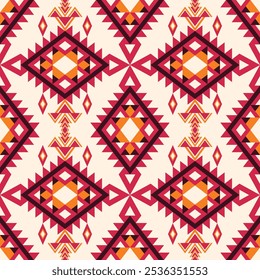 Esta atrevida obra de arte digital presenta un patrón tribal tradicional con tonos vibrantes de rojo, naranja y blanco. El diseño muestra intrincadas Formas geométricas en un diseño simétrico.