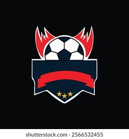 This bold and energetic logo design features a classic black and white soccer ball at its center, partially surrounded by vibrant red flames, symbolizing passion and movement. Below the ball, a dark b