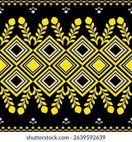 This bold ethnic-inspired geometric pattern features a full border design with vibrant yellow floral elements and symmetrical diamond shapes. Set against a deep black background, the design reflects.