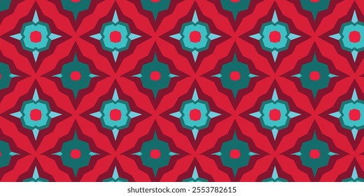 This bold geometric pattern features red, teal, and blue shapes arranged in a symmetrical retro-inspired design. Perfect for wallpapers, packaging, fashion, and branding