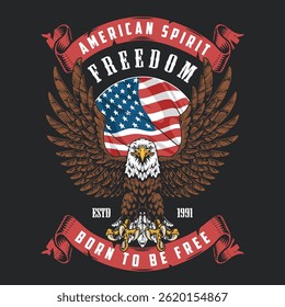 This bold graphic features an eagle with outstretched wings holding a banner. The design highlights the American flag and celebrates freedom with the phrase born to be free.