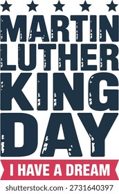 Este gráfico audaz honra el Día de Martin Luther King Jr. con tipografía angustiada y la icónica cita "Tengo un sueño", ideal para homenajes a los derechos civiles, campañas de igualdad y elementos visuales conmemorativos.