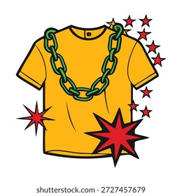 Diese gewagte grafische Illustration zeigt ein hellgelbes Hemd gepaart mit einer dicken grünen Kette Halskette. Dekorative rote Sterne umgeben das Kleidungsstück, um ein lebendiges Streetwear-Design im Comic-Stil zu schaffen.