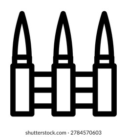 This bold icon depicts three bullets linked together- perfect for military- war- and weapons-related projects. A strong visual representation of firepower and readiness.