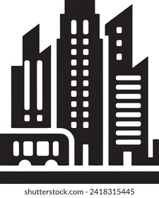 This bold icon represents the urban skyline silhouette of a bustling modern city. The image features a collection of skyscrapers and buildings, each varied in height and design.