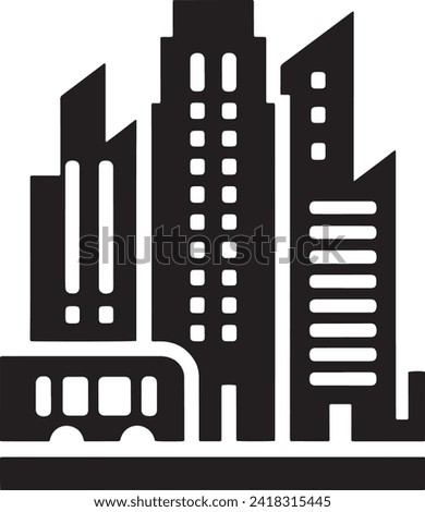 This bold icon represents the urban skyline silhouette of a bustling modern city. The image features a collection of skyscrapers and buildings, each varied in height and design.