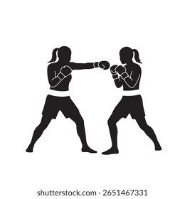 This bold image shows a black silhouette of two women engaged in a boxing match; one is actively punching as the other prepares to guard herself. It has a transparent background.