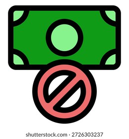 This bold line icon shows a green paper banknote overlaid with a red circle representing prohibition, signifying financial restriction, no payment, or a cash ban vector illustration.