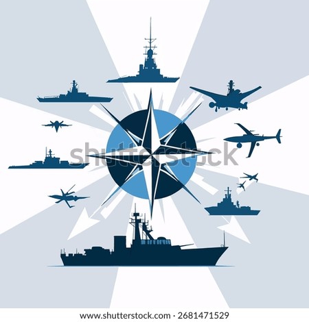 This bold and minimalist vector illustration symbolizes NATO's strength and unity. Featuring abstract military elements such as jets, ships, and vehicles arranged around the iconic NATO compass star 