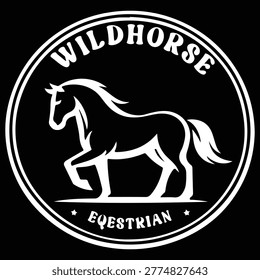 This bold and modern badge design features a striking white horse silhouette set against a deep black background, creating a powerful visual contrast. The circular emblem is framed with clean double خطوط, enhancing its structured and professional look. The text “WILDHORSE” at the top and “EQUESTRIAN” at the bottom forms a balanced composition that reinforces brand identity. The dark background adds a sense of sophistication, strength, and authority, making the design ideal for premium branding. The minimalist horse illustration captures motion and elegance with simple, flowing lines, ensuring clarity even at smaller sizes. This design is highly versatile and works effectively across digital platforms, apparel, and print materials. The monochrome palette enhances readability and timeless appeal, allowing it to remain relevant across trends. The strong contrast ensures the logo stands out in any setting, making it suitable for high-impact branding. Whether used for sports teams, equestrian services, or lifestyle brands, this emblem communicates confidence and professionalism. Overall, the design combines simplicity with bold aesthetics, resulting in a memorable and impactful visual identity.