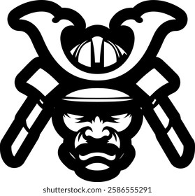 This bold monochrome vector illustration features a fierce samurai warrior emblem, symbolizing strength, honor, and discipline. The intricate helmet design, crossed weapons, and intense facial express