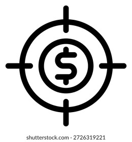 Este ícone de estrutura de tópicos arrojada representa um sinal de dólar centralizado perfeitamente dentro de um escopo de destino amarelo e bege, simbolizando objetivos financeiros, metas de receita e foco de investimento dedicado para o sucesso dos negócios.
