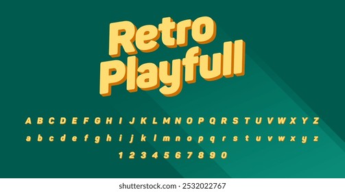 This bold, retro-inspired typeface features rounded, compact letters with a 3D yellow fill and orange shadow, ideal for playful, vibrant headings and gaming designs.