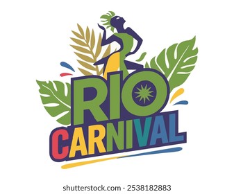 This bold Rio Carnival logo features a modern vector design that prominently showcases the vibrant colors of the Brazilian flag: green, yellow, and blue. At its center, a stylized dancer in silhouette