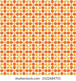 This bold seamless pattern features a retro-inspired geometric flower design, repeating in a lively orange and yellow color palette. The minimalist shapes and simple flower-like forms create a